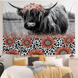 Floral Highland Cow Leopard Wall Tapestry | Black & White Cow with Flower Crown Sunflowers Print, Soft Polyester Wall Hanging, Boho Western Country Decor for Bedroom Living Room Dorm