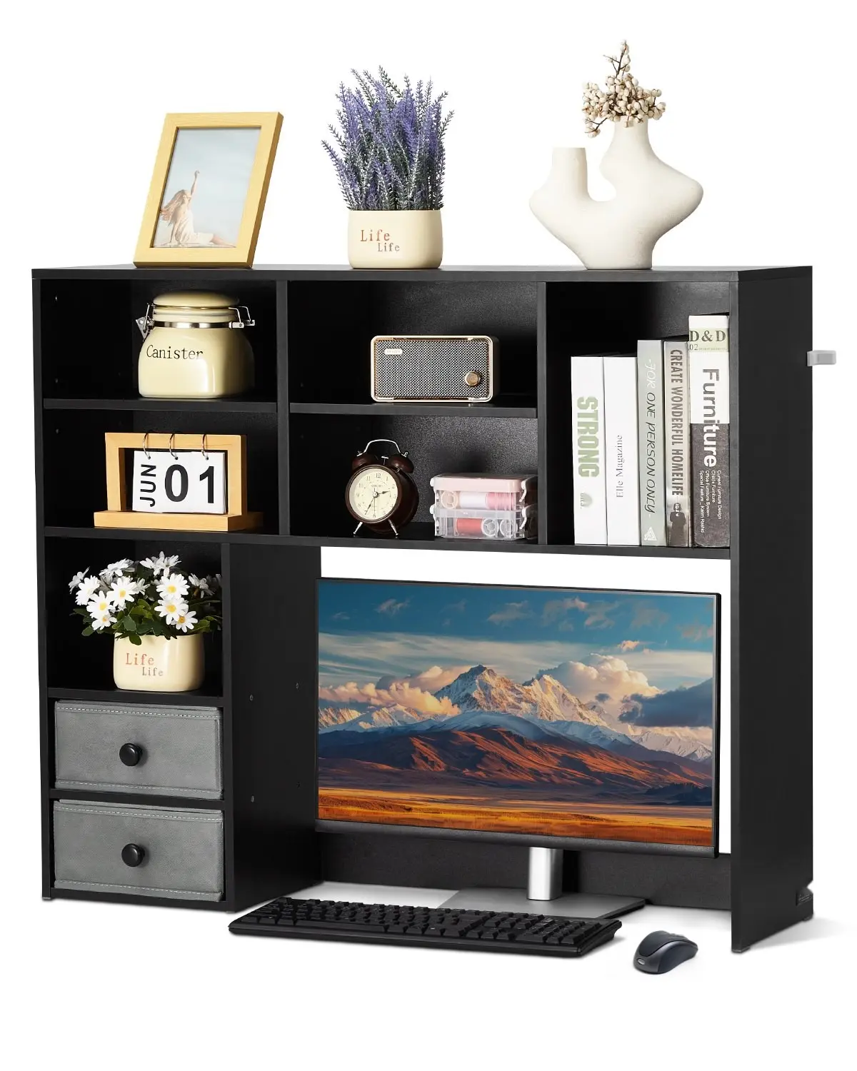 Desktop Bookshelf 3-Tier Storage Organizer For Office And Home, 37 X 10 X 31.1 Inches Wood Display Rack With Hutch, Two Fabric Drawers, Durable Office Decor, Black Suitable For Desks And Dorm Rooms, Sturdy Wood Finish.