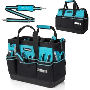 16-Inch Tool Bag with Waterproof Hard Bottom, Tool Bag Organizer Wide Open Mouth with 18 Pockets, Toolbag for Men Mechanic Electrician Plumber HVAC