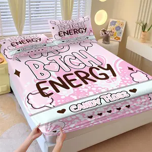 Bad Bitch Energy Fitted Sheet Set Queen Size 3 Piece, Pink Cotton Candy Y2K Aesthetic, Soft Microfiber Bed Sheets Deep Pocket, Non Slip Elastic All Around, 1 Fitted Sheet with 2 Pillowcases, Funny Dorm Bedroom Decor, Best Friend Birthday Gift for Girls