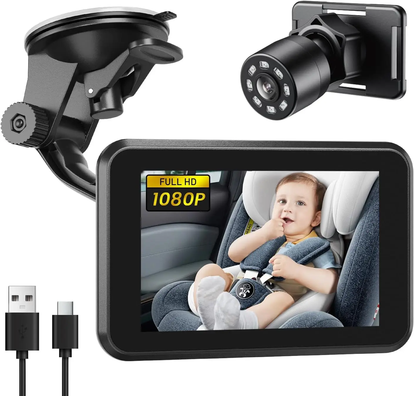 Baby Car Camera USB Plug, 4.3" HD Car Baby Monitor with Camera Night Vision, Safety Seat Baby Car Mirror for Rear Facing 5 Mins Easy Installation