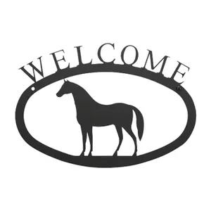 212 MAIN Small Matt Metal Rust-Resistant Welcome Sign Plaque, Village Wrought Iron Outdoor Decor with Standing Horse, Yard Sign, Door Hanging Sign