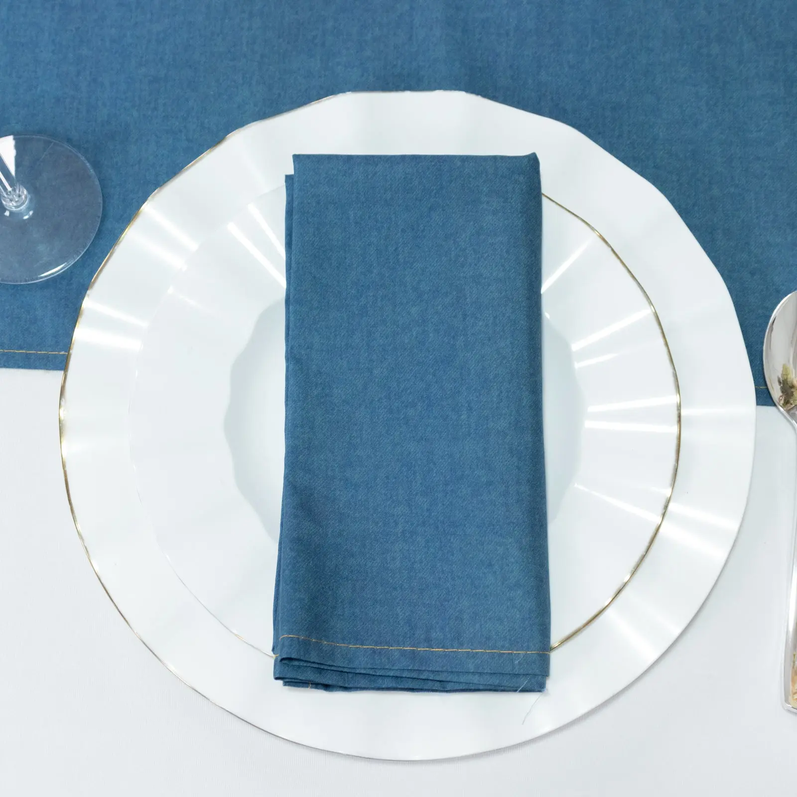 Denim Blue Polyester Square Reusable Washable Napkins (5-Pack, 17"x17"), Faux Denim Design, Wrinkle & Stain Resistant, Festive Tableware for Weddings & Events