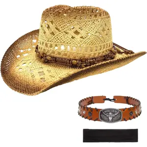 Men's Women's Western Straw Cowboy Hat, Cowgirl Sun Beach Hat with Two Decorative Bands and a Hair Band, Wide Brim Brown