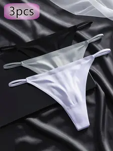 3pcs Ultra-Thin Elastic Low-Waist Ice Silk Fiber Fabric Bikini, One-Piece V-Shape Thong, Teen Girl Underwear, T-Shirt Style