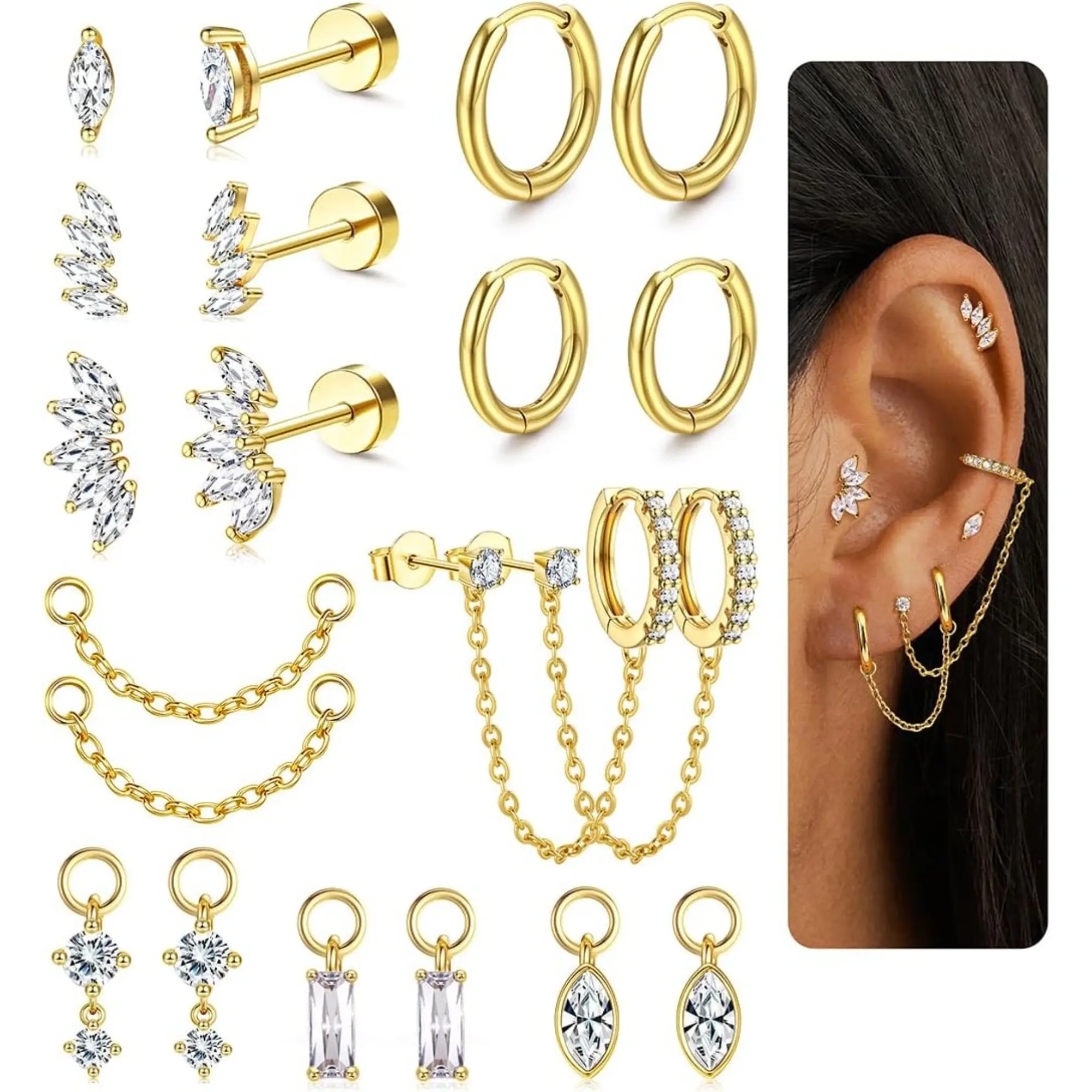 Fansilver Women's Faux Silver Gold Earring Stack Jewelry Stack - Hypoallergenic Surgical Steel Waterproof Stud & Hoops Set, Flat Back Tragus Huggie Cartilage Chain Earrings with CZ Rhinestones for Multiple Piercings Daily Wear sohochic