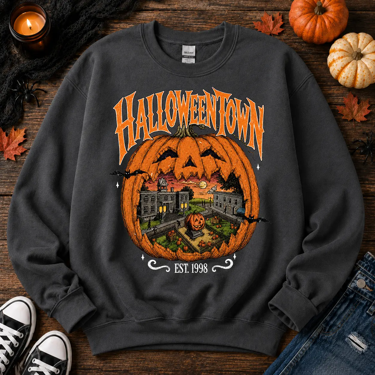 Vintage HalloweenTown EST 1998 Sweatshirt, Pumpkin Village Gift, Haunted Pumpkin Scene, Retro Spooky Season, Fall Halloween Graphic
