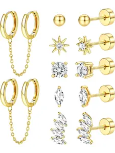 Cute 6 Pairs Golden Flat Back Earrings Trendy Copper Stainless Steel Cartilage Earring Set for Women Men for Multiple Piercing Hypoallergenic Small Huggie Hoop Earrings Stacks with Dangle Chain Dainty Stud Earrings