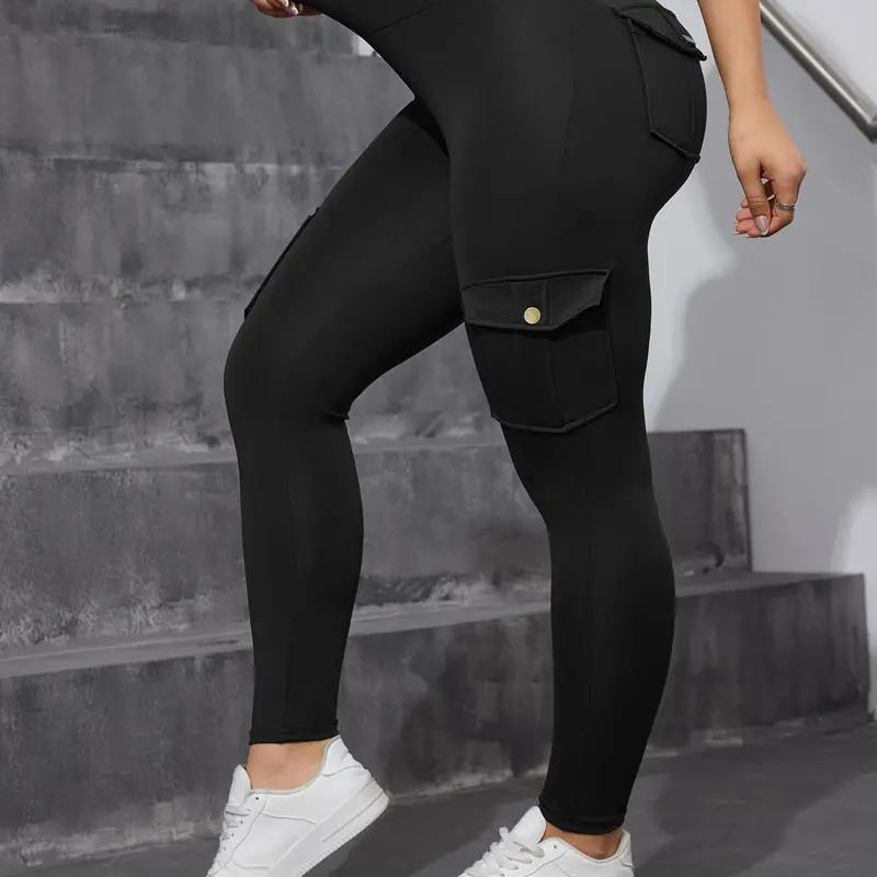 Women's Plain Flap Pocket Button High Waist Slim Leggings, Casual Comfy Breathable Skinny Cargo Pants for Daily Wear, Ladies Bottoms for All Seasons, Leggings Pockets, Leggings for Women, Pants for Women, High Waisted Legging