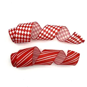 Christmas Iron Wire Edge Satin Ribbon Striped DIY Craft Ribbon, 2 Pieces for Gift Wrapping Wreaths Holiday Decorations