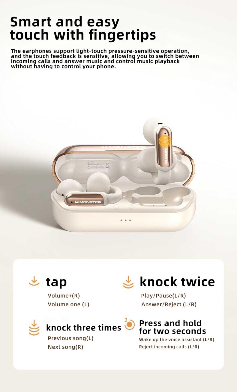 Monster Clip-On Open Ear Wireless Earbuds, Bluetooth 5.4 Headphones with ENC Noise Cancelling Mic, Ultra-Light Secure Fit for Sports, Running & Workouts, Hi-Fi Stereo Sound, 40H Playtime, Fast Charging – Halloween Gifts for Men and Women