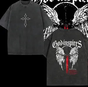 God Inspires Oversized Vintage Washed Tee – Angel Wings & Sword Back Print Faithcore Streetwear Shirt