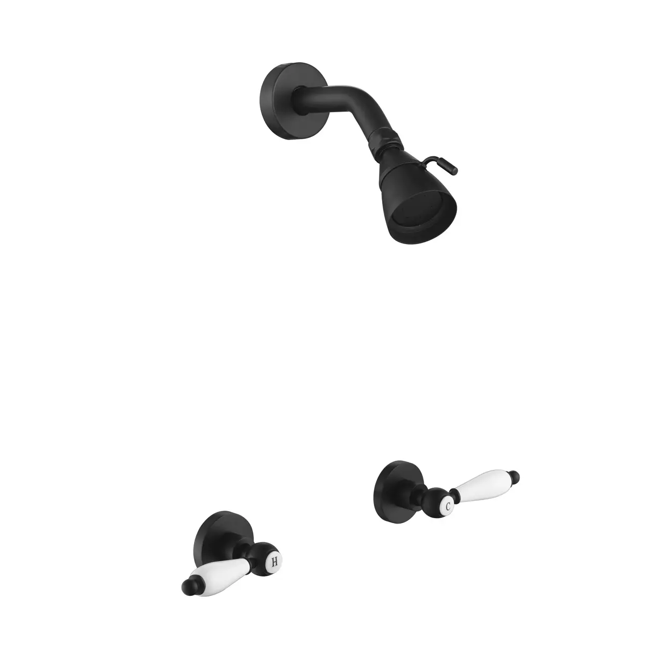 Matte Black Round Brass Porcelain Shower Set with Traditional Built-to-Last Shower Head, Bathroom Upgrade Fixture
