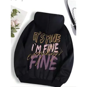 Women’s letter-print drawstring pocket hoodie, long-sleeve drop-shoulder hooded sweatshirt, popular hoodies for women, comfortable fitted pullover tops for ladies