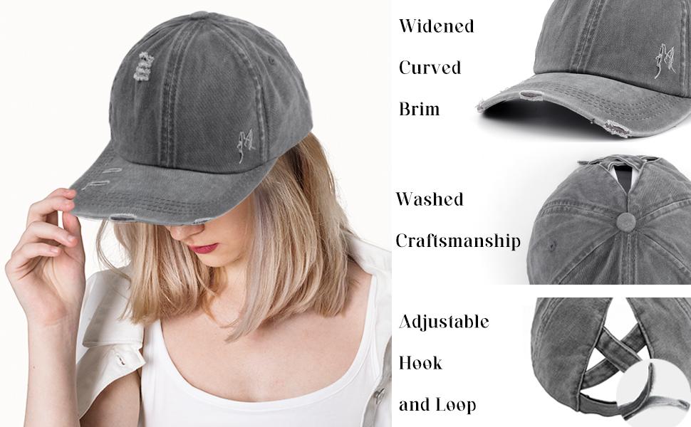 Criss Cross Ponytail Cap for Women - Adjustable High Bun Baseball Hat, UPF50+ Sun Protection, Washed Cotton
