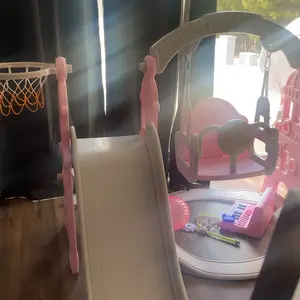 KORIMEFA 4-in-1 Kids Slide and Swing Set with Basketball Hoop Climbing Ladder Multifunctional Play Center for Active Fun Age 1+ Years Indoor Outdoor Playset Safe Durable HDPE Material - Playground Equipment Playroom Sport