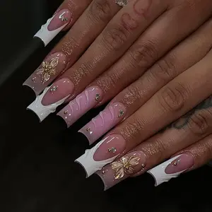 Medium Rectangle Coffin French Pink & White Press On Nails, 3D Floral Gold Beads & Rhinestones, Gold Foil Flowers, 3D Water Ripple, Luxury Minimalist Clean Fit False Nails
