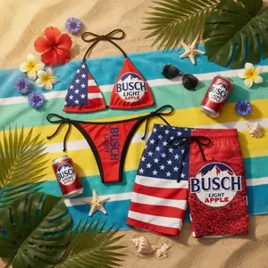 Tropical Matching Couple Swimsuit Set, Funny Beer Lover Bikini & Men's Swim Trunks, Hawaiian Beach Vacation Outfit, Gift For Him Her