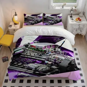 3Pcs Bavarian Luxury Purple Racing Powerful Engine Themed Patterned Breathable Polyester Bedding Set, Elegant Design, Thoughtful Christmas Gift, Suits Bedroom, Guest Room & Dorm, 1 Duvet Cover + 2 Pillowcases (No Insert)