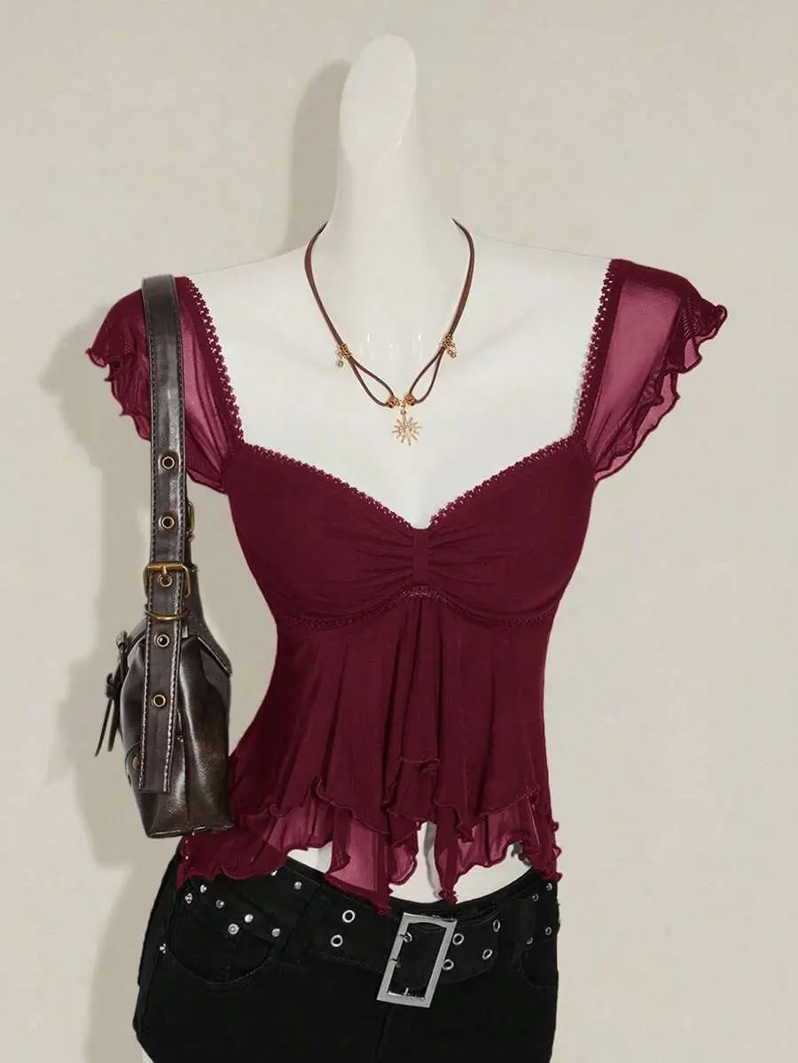 ICON Women Ruched Front Slim-Fit Sexy Mesh Patchwork Tie Back Flutter Sleeveless Cami Top, Casual Vacation Top Ruffle Top