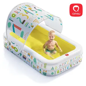 QPAU Kiddie Pool with Soft Cushioned Floor: 65" x 39" Inflatable Pool for Kids & Toddlers, Canopy for Sun Protection, Durable Outdoor/Indoor Play Toy, Blue Portable Swimming Pool Accessories Fun Floating Water Matt