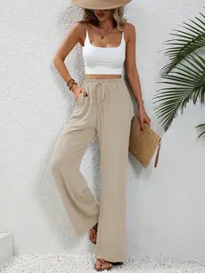 【Run Small】Women's Plain Pocket Tie Front Elastic Waist Straight Leg Pants, Casual High Waist Wide Leg Trousers for Daily Wear, Ladies Bottoms for All Seasons, Baggy Pants