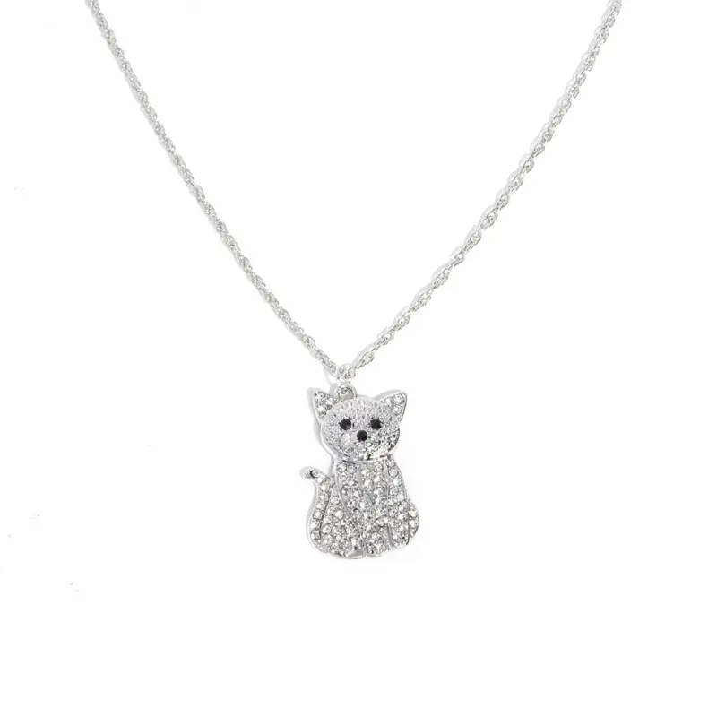 Cat Call Silver Necklace - Elegant Cat Design with Crystal Details for Women