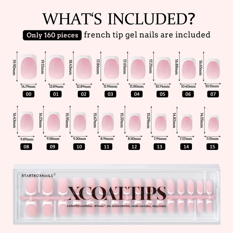 BTArtboxnails XCOATTIPS Press on Nails - 150pcs White french Pink Short Square or Almond or Coffin French Tips, Pink Soft Gel False Nail, Soak Off Acrylic Fake Nails Extensions