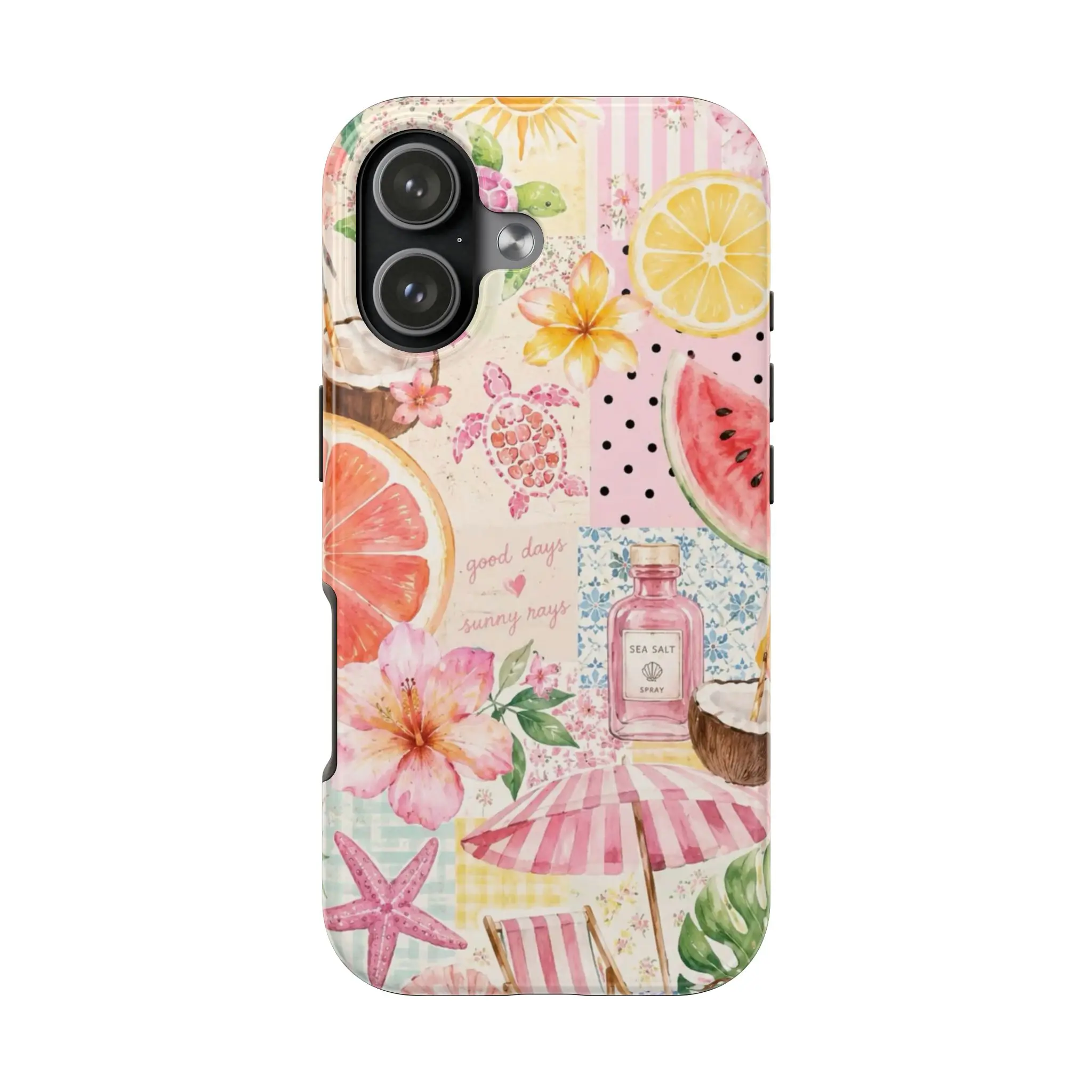 Summer Beach Aesthetic Phone Case, Watercolor Fruit Floral Citrus Collage Cover, Cute Pink Tropical iPhone Case Gift