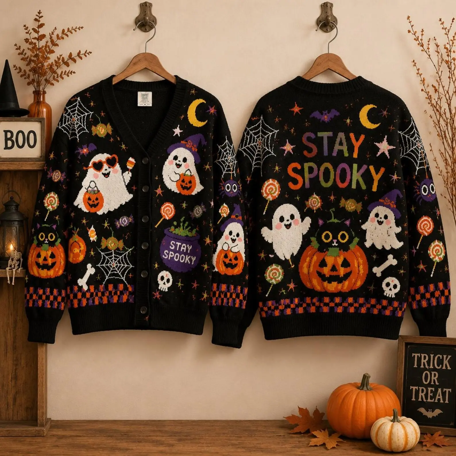 Halloween Cardigan, Pumpkin Cardigan, Skeleton Pumpkin Ghost Halloween Sweatshirt Triangle Bikini String Striped Print Bikini
