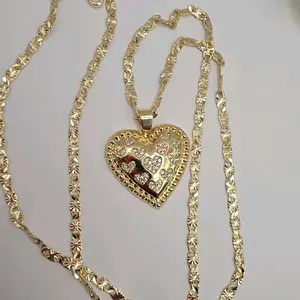 Heart Multi-Stones Pendant with Regular Chain Style 24 Inches Gold-Plated Necklace Jewelry Bling Stylish Accessory