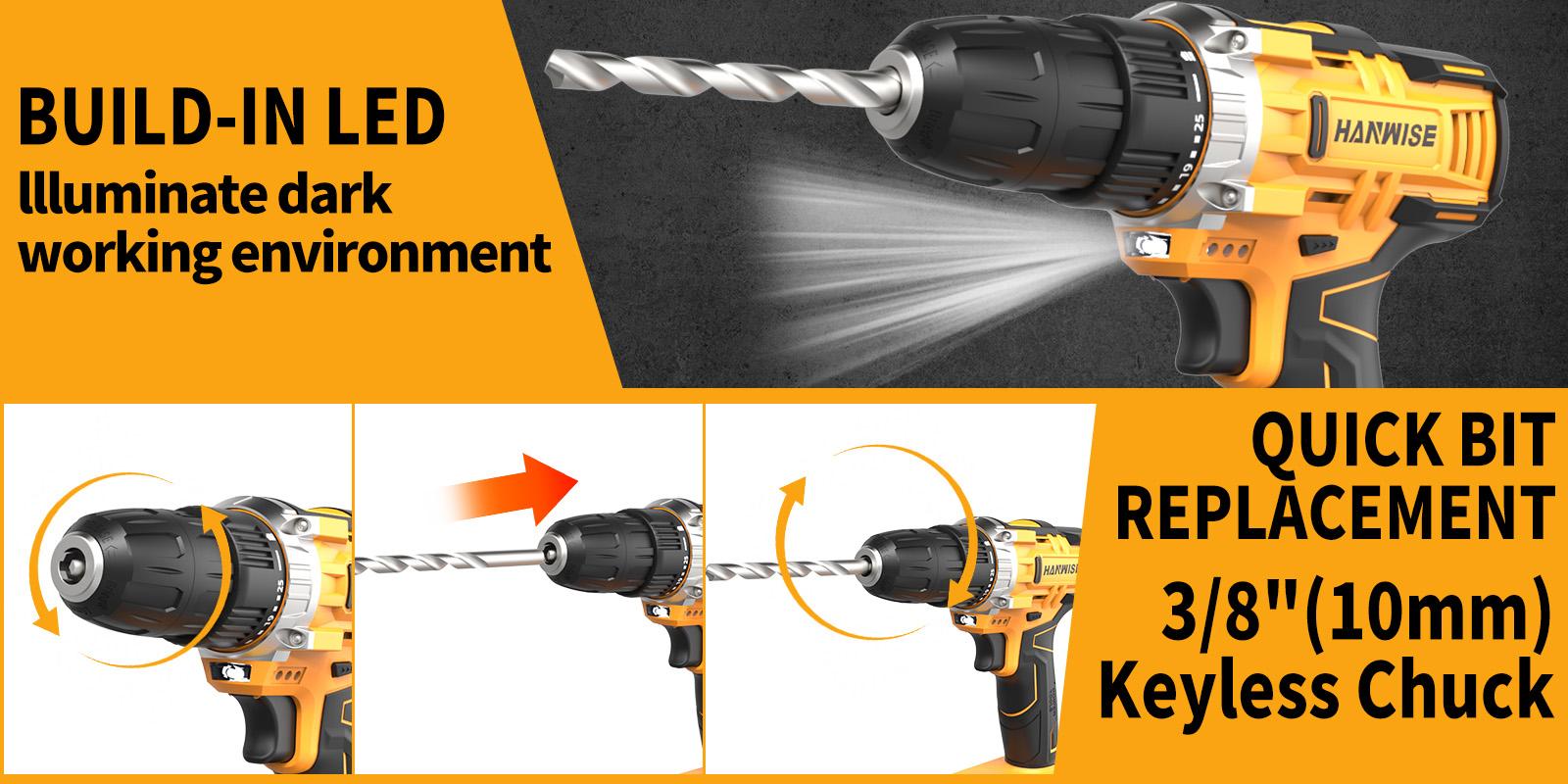 HANWISE20V cordless drill/screwdriver set, keyless chuck drill (with LED light), equipped with battery, compact body design, suitable for home, construction, industrial production and home decoration scenes, perfect for men's gift giving