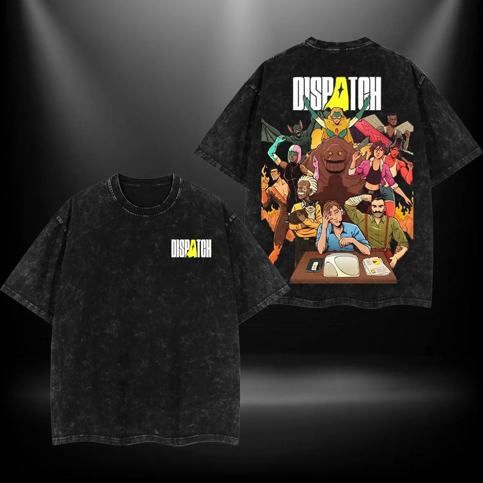 Men's Short-Sleeve Oversize Lightweight Acid-Washed Cotton Tee - Double-Printed Dispatch Super Hero TV Show Graphic Top - Gift for Comic & Movie Lovers