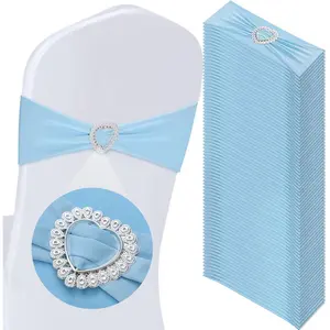 10/30/50/100 Pcs Spandex Stretch Chair Sashes with Heart Shaped Buckle Slider Stretch Chair Cover Band Universal Elastic Chair Ties for Wedding Banquet Event Party Decoration