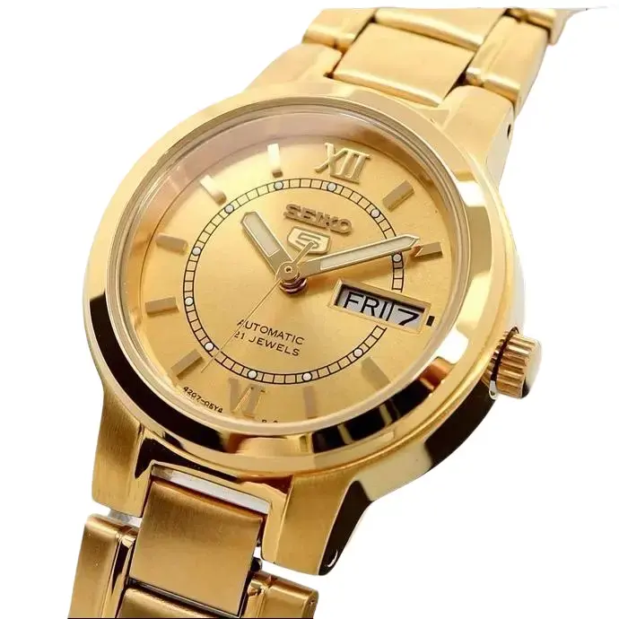 Seiko Automatic Gold Ladies Watch E58K1 - Elegant Stainless Steel Band & Roman Numerals Dial