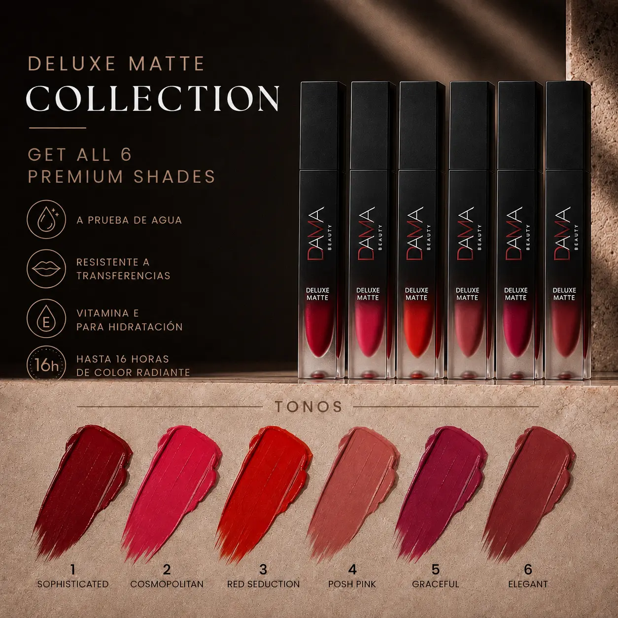 Matte Lipstick 6-Piece Cosmetic Bundle, Cruelty-Free Transfer-Proof Makeup with Waterproof, Long-Lasting Formula, Vitamin E, Antioxidant, and Vibrant Colored Pigment Lip Color
