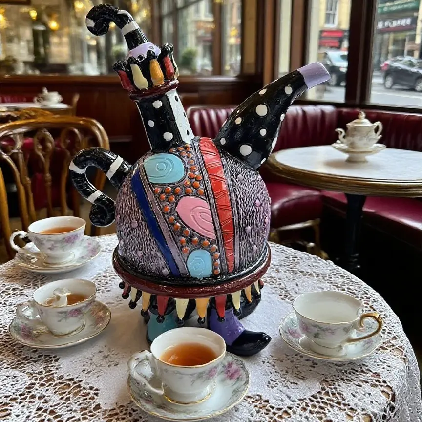 Hand-Painted Synthetic Resin Teapot Carving with Spout - 15x15x6 cm, Bright Colors, Dynamic Curves, Ancient Classic Glam, Modern Handmade Craft, Traditional Ceramic-Inspired Home Decor Statue, Office Desk Ornament, Collector Gift, 15Cm×15Cm×6Cm