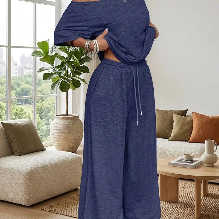 Women's Casual Solid Color Sport Two-Piece Set, Loose Long Pants & Wide Leg Slant Neck Pant Suit, Spring & Fall Fashion