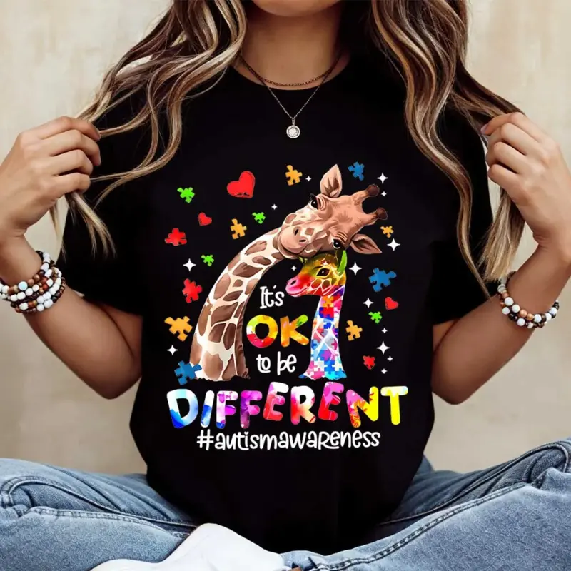Women's Casual Loose-Fit Crew Neck Short Sleeve T-Shirt - Female Sports Top with Giraffe, Puzzle Print, Hearts Print for Autism Awareness "Ok To Be Different" Statements, Everyday Wear, Giraffe With Puzzle Pieces, Single Print