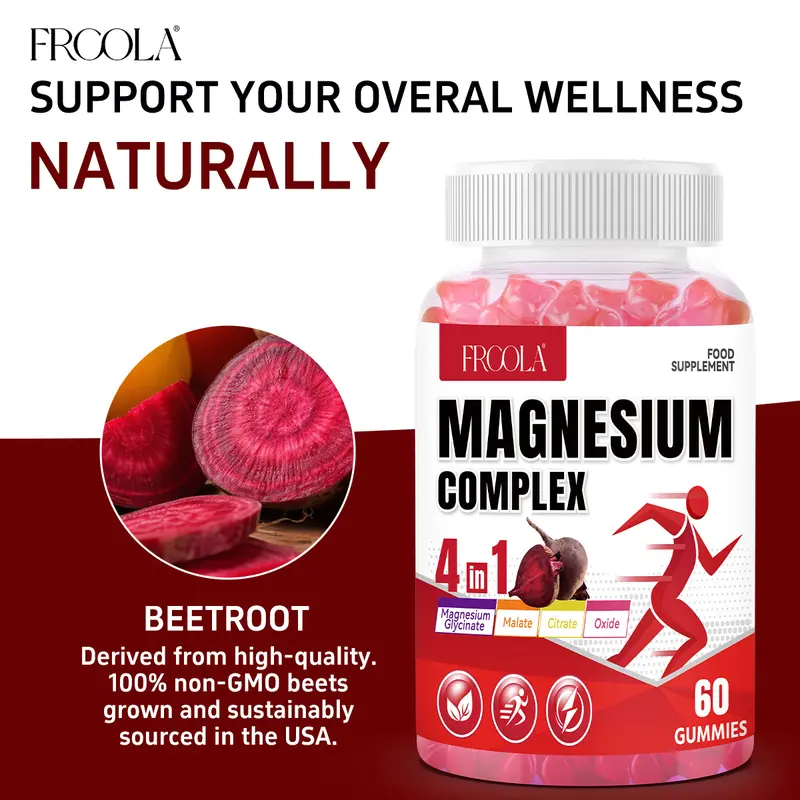 FRCOLA 4 in 1 Magnesium Complex Gummies - Glycinate Malate Citrate Oxide for Muscle Nerve Bone Heart Support - 60 Gummies 30 Day Supply - Enhances Exercise Endurance & Good Health