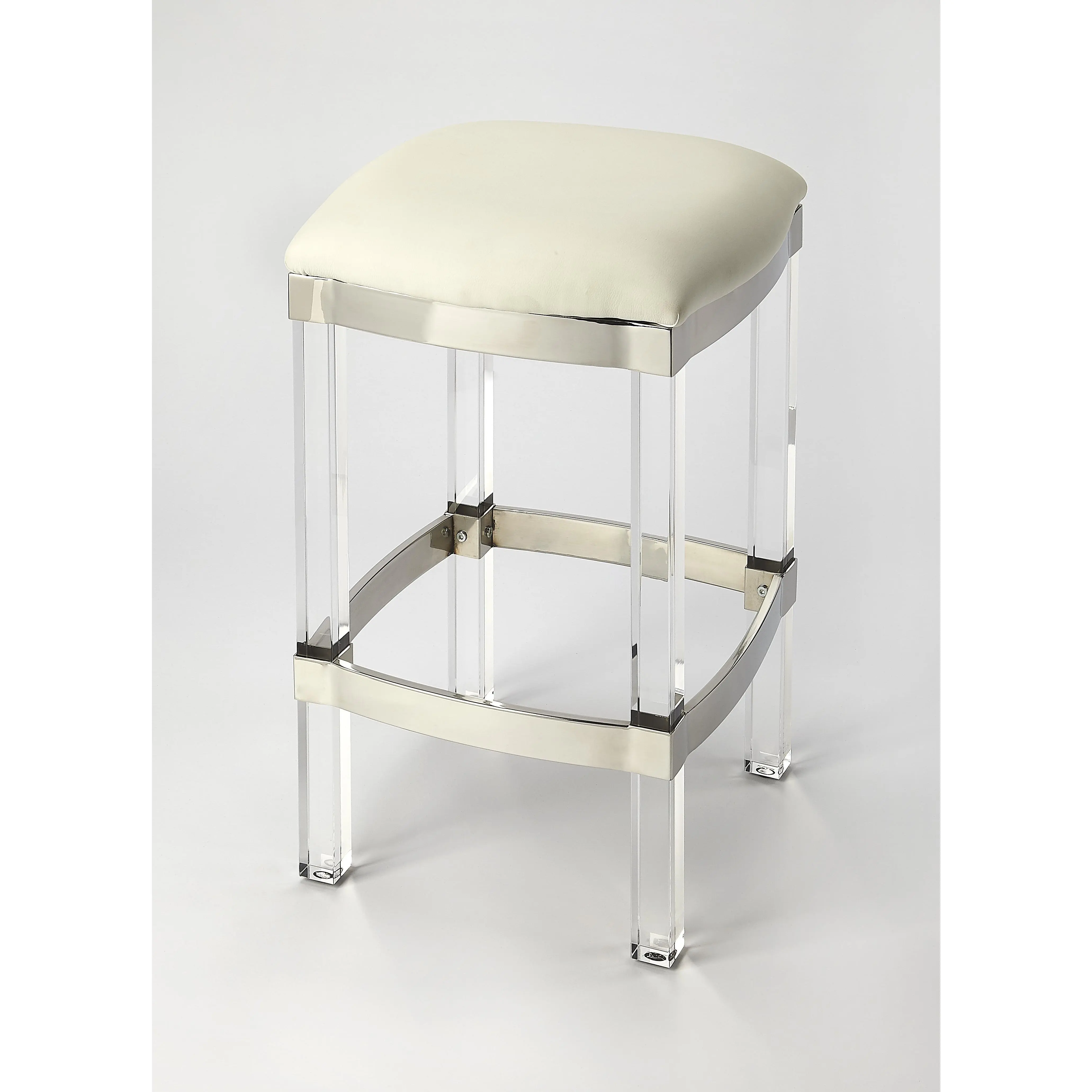 Butler Specialty Company Jordan 24 in. Seat Height Faux Leather and Acrylic Backless Counter Stool with Foot Rest, White