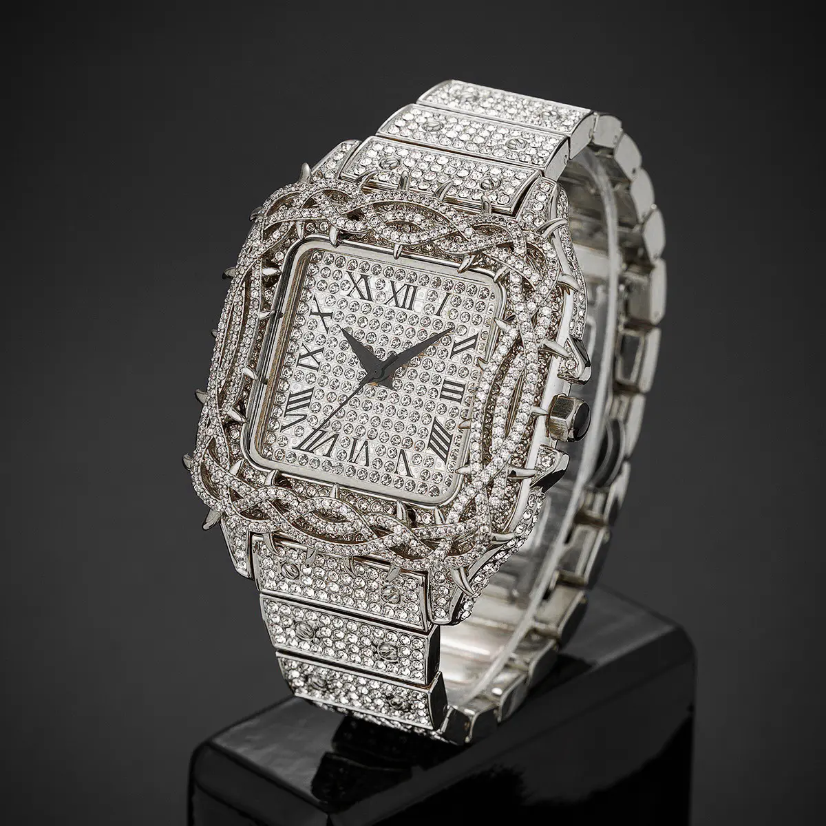 MaxBling81 Men's Luxury Square Face Quartz Watch - Blinged-Out, Boujee, Celebrity-Inspired, Diamond-Set, Jesus Thorn Crown Bezel, Simulated Diamond, Hardlex Glass, Hip-Hop Fashion Accessory, Blinged-Out Quartz Watches, Boujee Quartz Watches