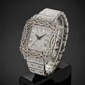 MaxBling81 Men's Luxury Square Face Quartz Watch - Blinged-Out, Boujee, Celebrity-Inspired, Diamond-Set, Jesus Thorn Crown Bezel, Simulated Diamond, Hardlex Glass, Hip-Hop Fashion Accessory, Blinged-Out Quartz Watches, Boujee Quartz Watches