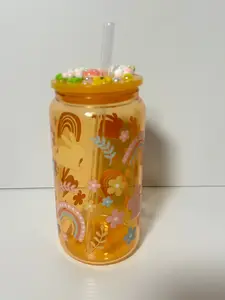 16 oz Aesthetic Printed Bunny Garden Glass Cup - Washable, Reusable Kitchenware Drinkware with Decorated Lid, Straw, Refillable Water Bottle, Refillable Water Bottles