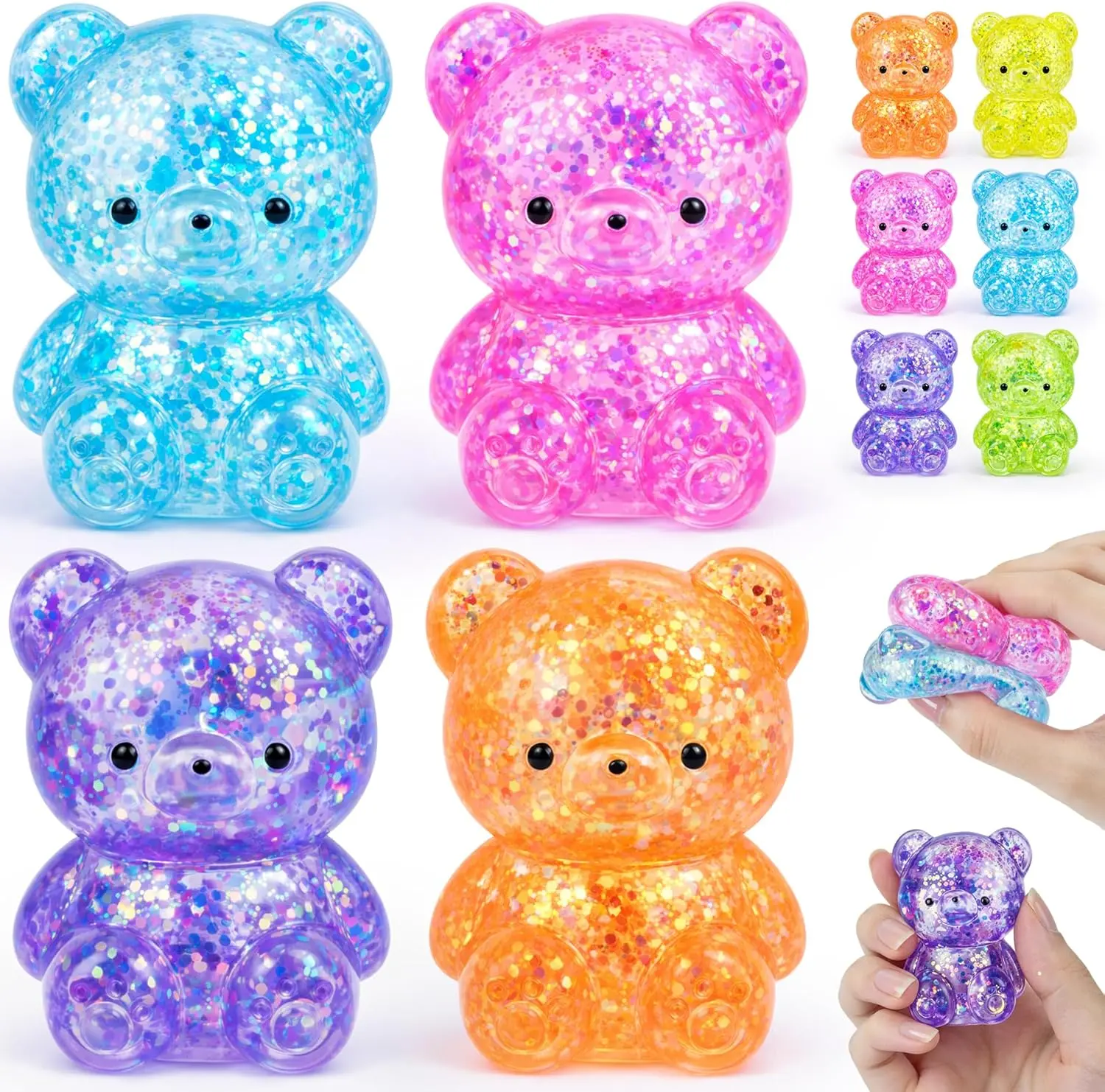Summer Spring Gift 4 Pcs Gummy Bears Squishy, Glitter Bears Stress Ball, Slow Rise Stress Relief Fidget Toys, Soft Mini Bear Squishy Toys for Anxiety Relief, Gummy Bear Party Favors, Goodie Bag Fillers Kids and Adults