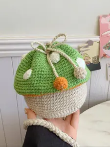 Cute Cartoon Mushroom Design Crochet Bucket Bag, Pom Pom Decor Fashionable Simple Girl Crossbody Bag, Versatile and Popular Small Bag for Women & Girls