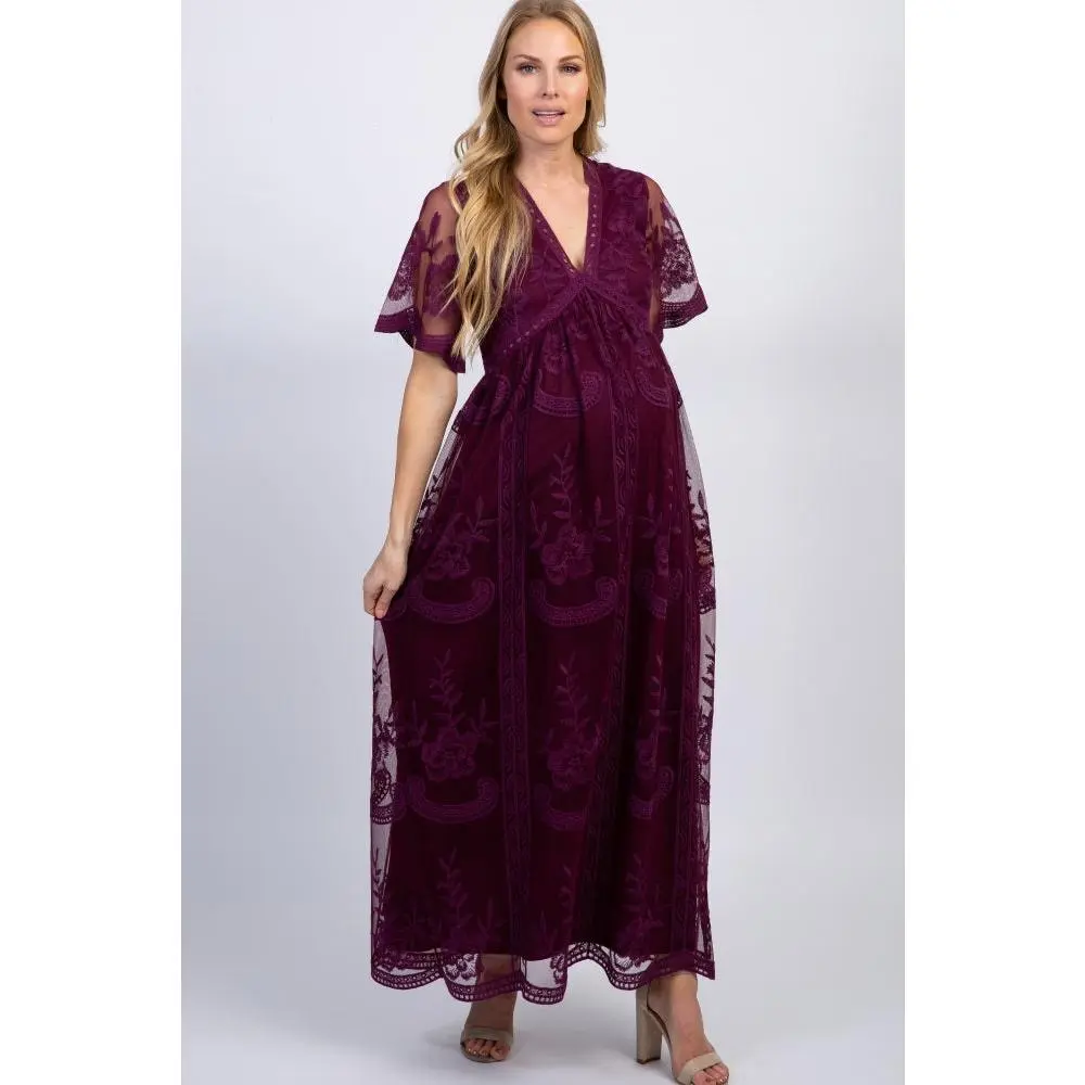 PinkBlush Deep Burgundy Lace Mesh Overlay Maternity Maxi Dress, Maternity Apparel, Pregnancy