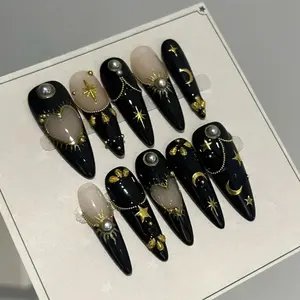Black Celestial Stiletto Press On Nails, Gothic Gold Star Nail Set