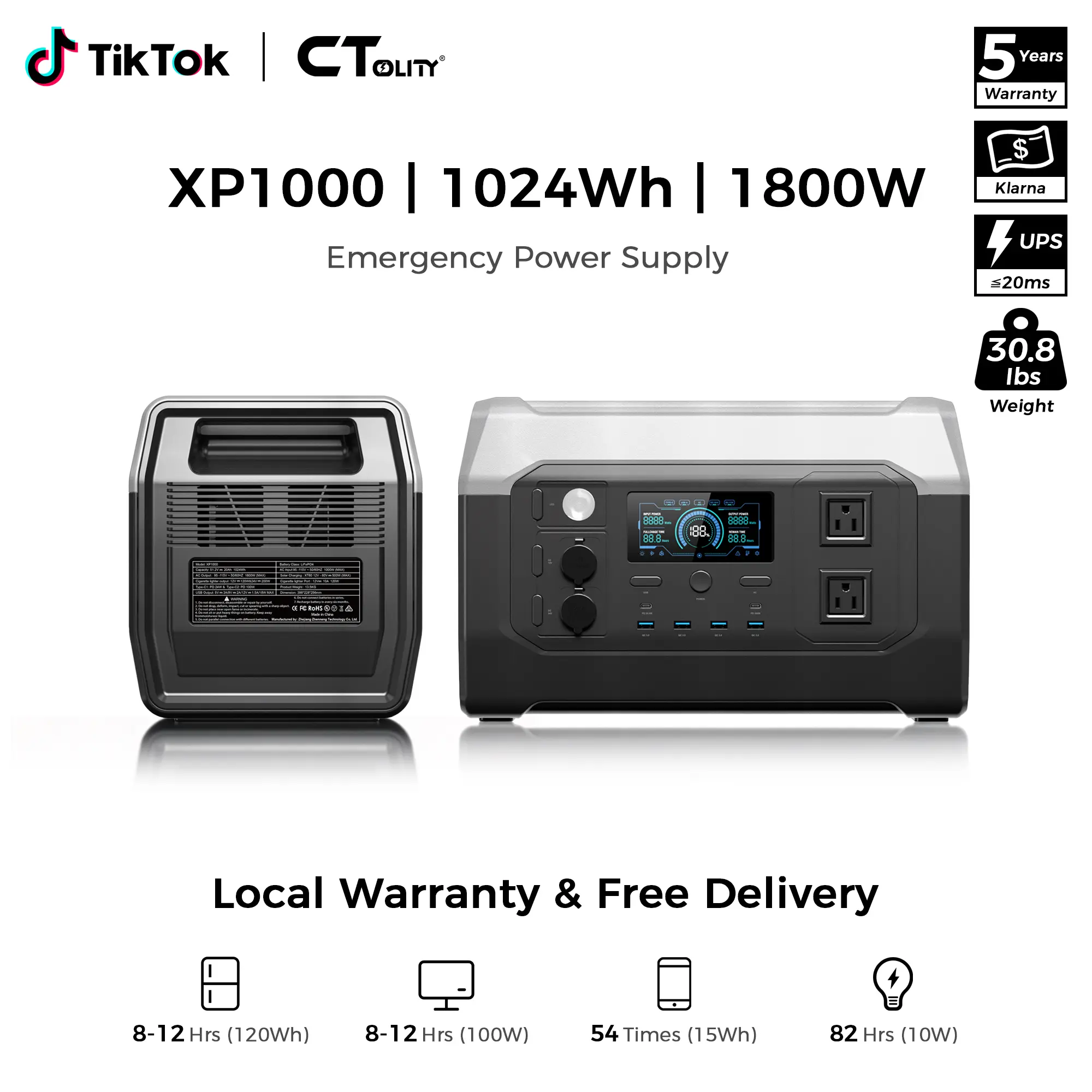 [Summerfinds] CTOLITY XP1000 Portable Power Station, 1800W 1024Wh LiFePO4 Solar Generator, 1.2 Hour Fast Charging, Home Blackout Backup, Camping & Road Trip Essentials