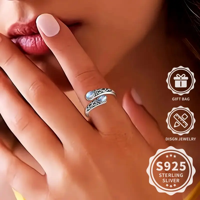 S925 Sterling Silver Moonstone Female Ring Bohemian Vintage Style Adjustable Ancient Silver Hypoallergenic Jewelry Daily Party Holiday Gift